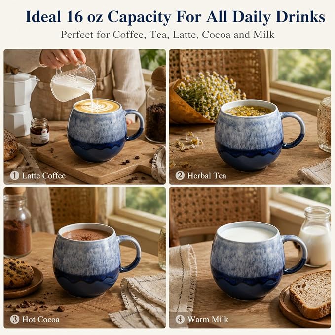Coffee Mugs Set of 4 | 16 oz Ceramic Coffee Mugs | Lead-Free | Comfortable Handle | Microwave and Dishwasher Safe | Stoneware Latte Cups for Tea & Cappuccino| Unique Father's Day & Holiday Gifts