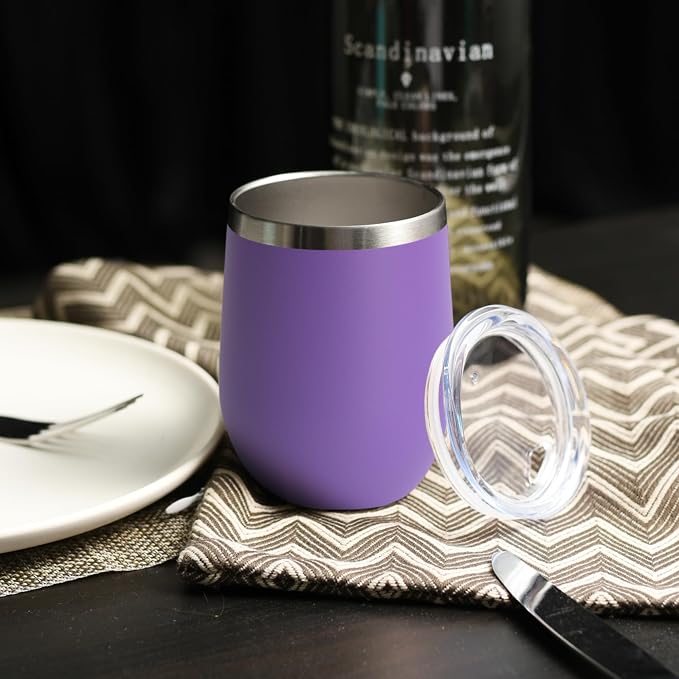 DOMICARE Stainless Steel Wine Tumbler Bulk with Lid, Personalized Insulated Tumblers Set, 12oz Travel Coffee Cups Pack of 1, Purple