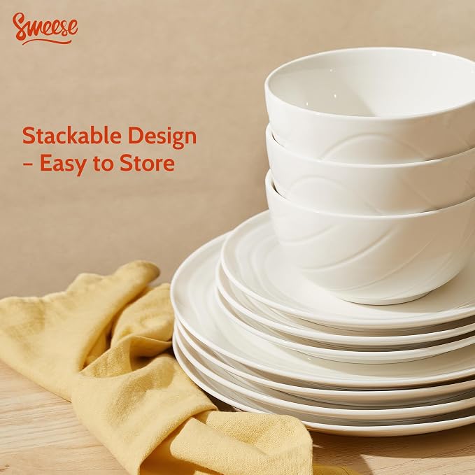 Sweese Porcelain Dinnerware Sets for 6, 18 Pieces Plates and Bowls Sets, Handcrafted Minimalist Dinner Set, Chip and Scratch Resistant Dish Set, Dishwasher & Microwave Safe, White