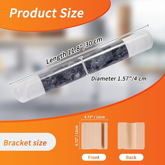 Tianman French Marble Rolling Pin.12 Inchs Marble Rolling Pin for Baking With Wooden Base Holder Stand-Non-Stick Baking Roller for Baking Fondant, Pizza,Cookies,Crust,Pasta(White-Black-White)