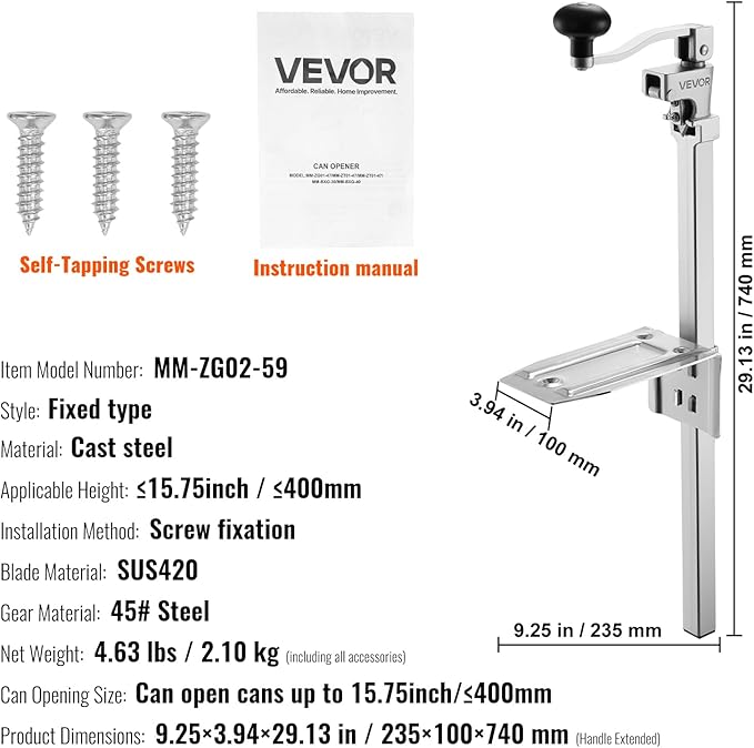 VEVOR Commercial Can Opener, Heavy-Duty Manual Tabletop Cans Opener for Cans Up to 15.75 in Height, Height-Adjustable Professional Can Openers Fixed with Screws, for Restaurant, Hotel, and Food Store
