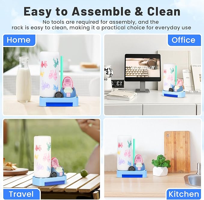 Bottle Drying Rack for Owala Freeship 24/32/40oz, Portable Space Saving Stand with Drain Tray & 4 Cleaning Brushes – Water Bottle & Cup Organizer for Lids, Straws, Stoppers (Blue)