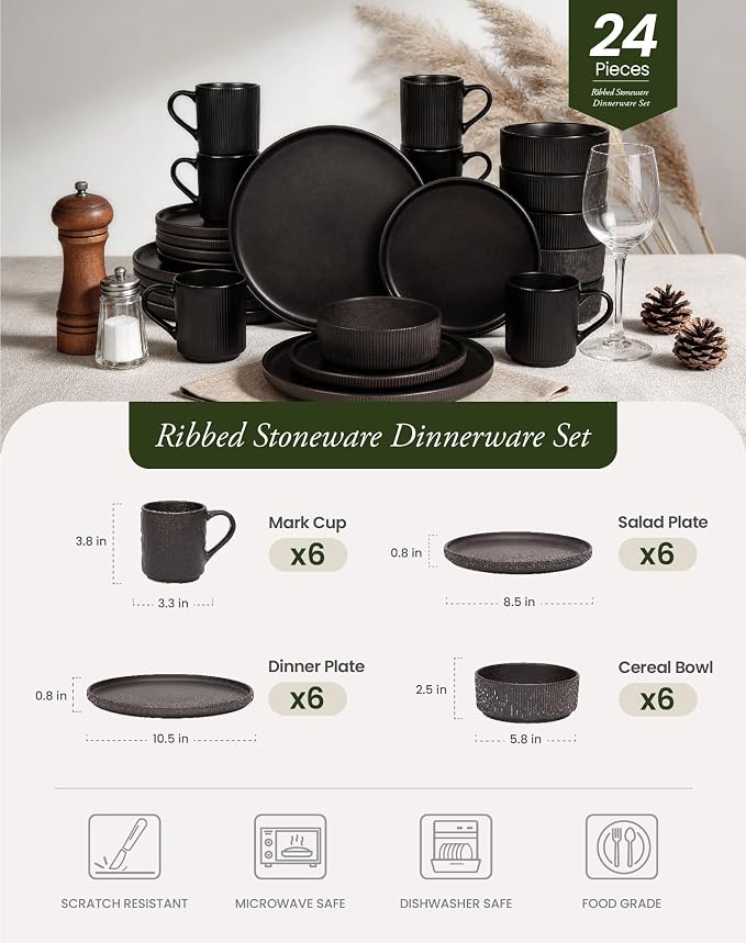 OTAGO 24-Piece Dinnerware Set for 6 with Mugs, Ribbed Stoneware Plates and Bowls Sets, Unique Handcrafted Reactive Glaze, Chip and Scratch Resistant Dish Set, Microwave & Dishwasher Safe, Black