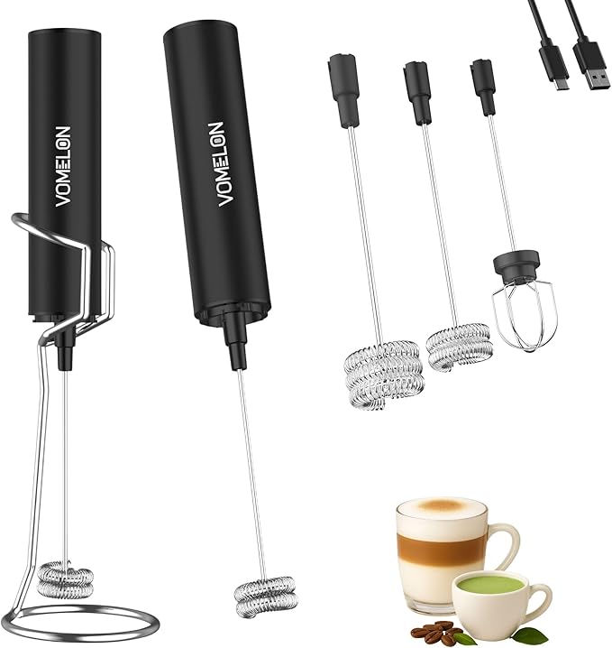 Rechargeable Milk Frother with Stand, Electric Whisks Foam Maker, POWERFUL USB C 2 Speed Handheld Drink Mixer for Coffee, Latte, Cappuccino, Matcha Drinks,Black