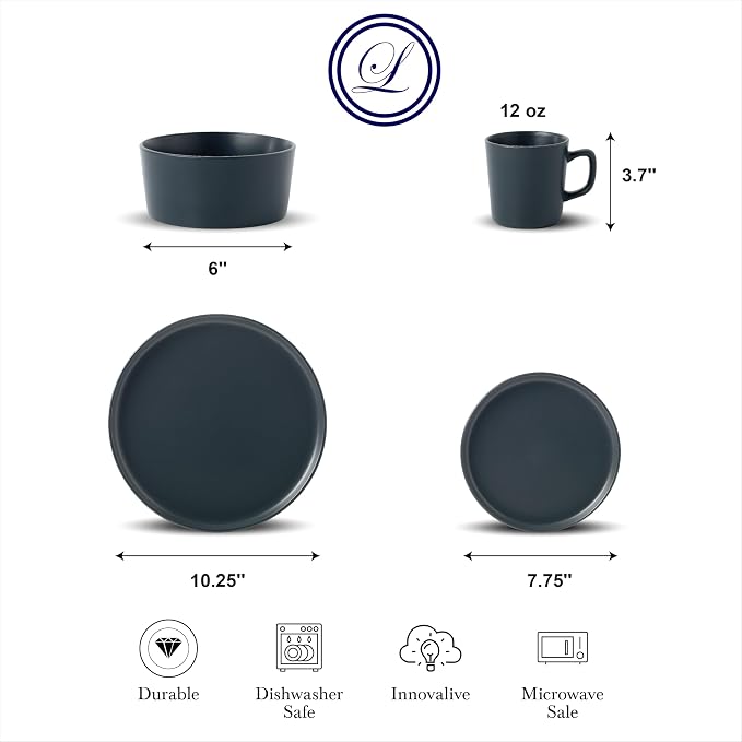 Lorren Home Trends Gray Stoneware Dinnerware Set, 16 Piece, Service for 4, Microwave and Dishwasher Safe
