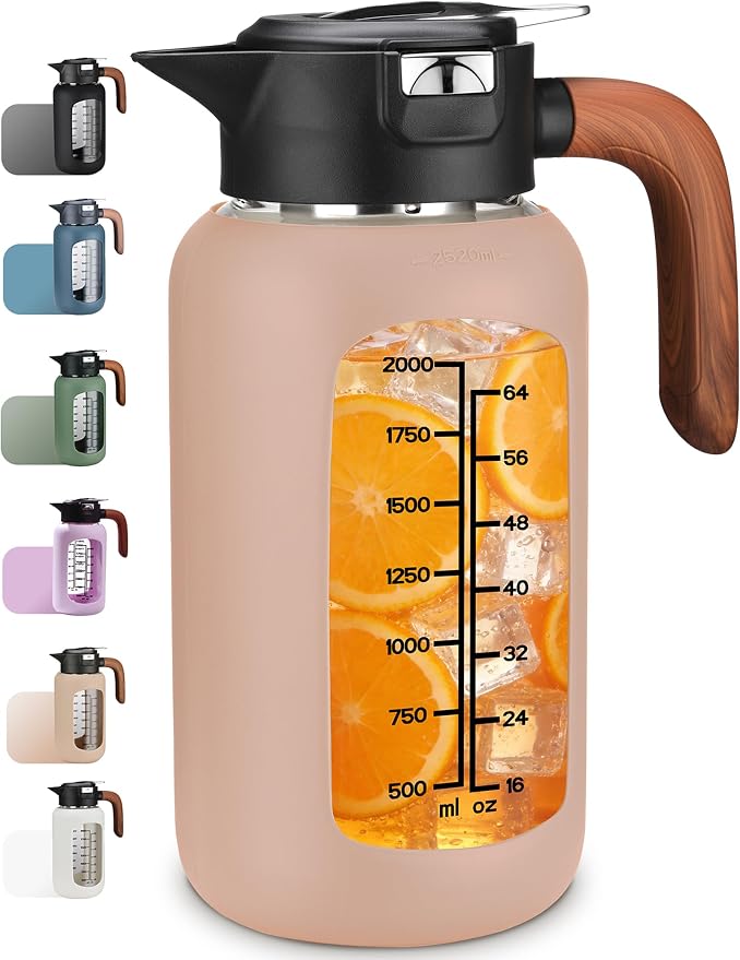 84oz Glass Pitcher with Lid and Handle Borosilicate Glass Water Jug/Carafe for Hot & Cold Beverages, 2.5Liter Large Pitcher with Silicone Sleeve & Wide Mouth, Fridge Safe for Iced Tea, Coffee, Juice