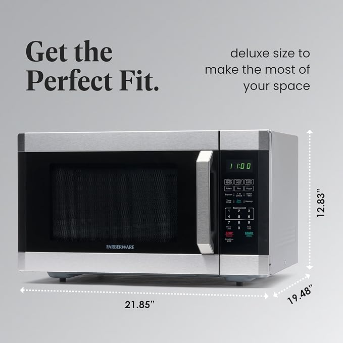 Farberware 1.6 Cu. Ft. Countertop Microwave Oven – 1100 Watts Power, Smart Sensor Auto Cook Settings, Defrost, Easy Clean and Child Safety Lock - Stainless