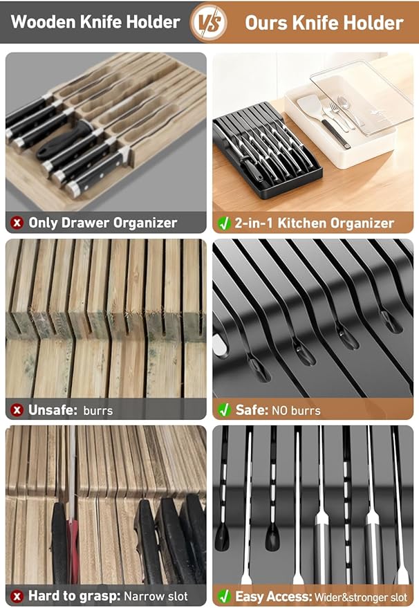 MAD SHARK 2-in-1 Detachable Knife Block & Silverware Organizer, Drawer Knife Holder for 10 Knives, BPA-Free, Blade-Safe Slots, Save Counter Space, Kitchen Drawer or Counter Storage, No Knives