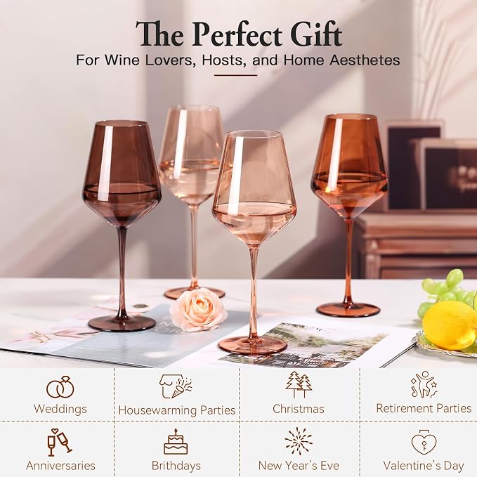 Venus Colored Wine Glasses Set of 6, Handblown Wine Glasse,Amber Coloful Glassware，17OZ for Red or White Wine,Wedding Gift, Anniversary, Christmas, Mothers Day Gifts,Gifts for My Wife