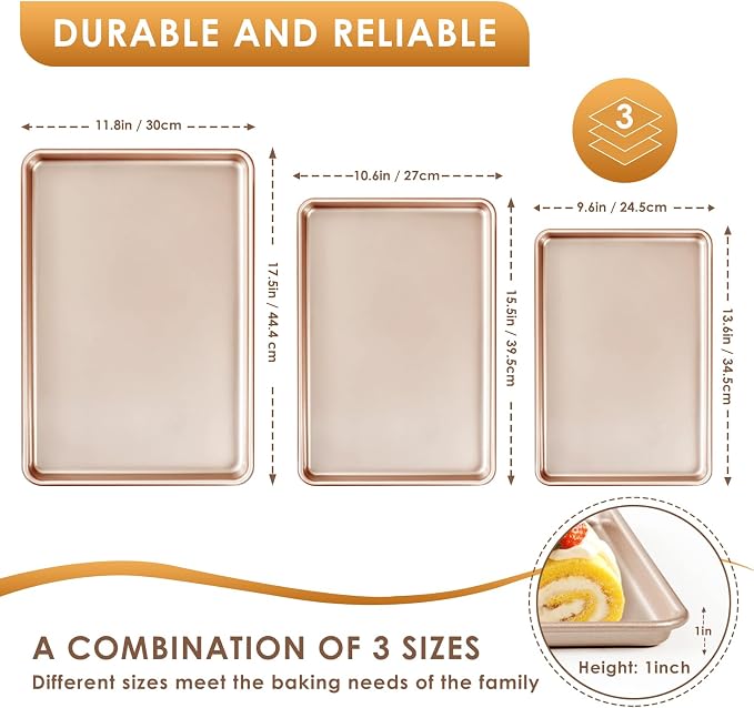 Baking Sheet Pan Set of 3, Nonstick Commercial Cookie Sheets for Baking | Commercial Half/Quarter/Jelly Roll Pans Replacement Toaster Oven Tray, Heavy Duty & Easy Clean