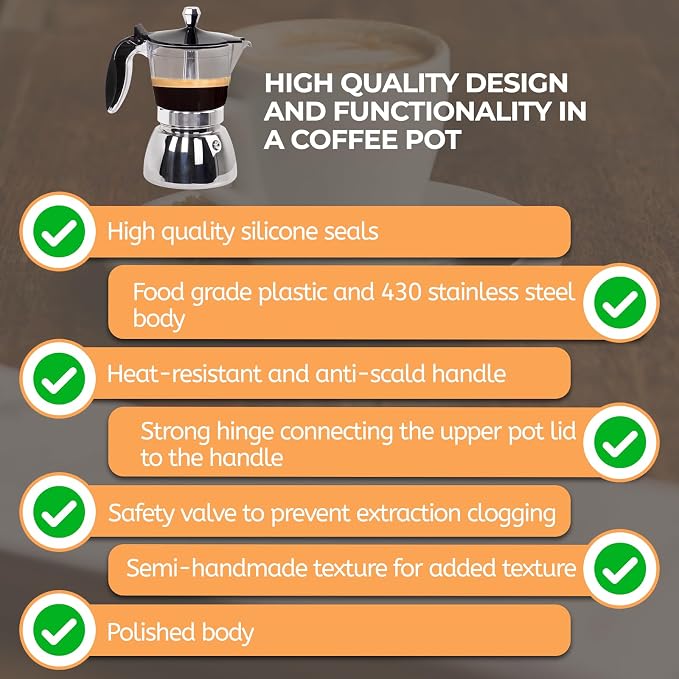 Clear Plastic Moka Pot 6 Cup 300ml Stainless Steel Coffee Maker Uncoated Stovetop Espresso Coffeemaker Italian Classic Style Brewing Greca Cafe Mocha for Cafeteras Camping Travel Home Use