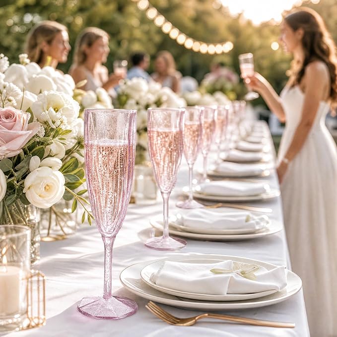 WDF 36PCS Pink Champagne Flutes Plastic - 6 OZ Pink Glitter Disposable Champagne Flutes for Wedding/Birthday/Parties/Bridal Shower