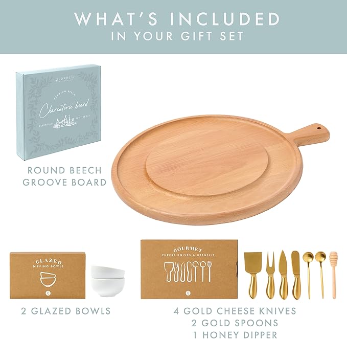 Charcuterie Board Set - Round Beech Wood Cheese Board for Serving with Accessories - House Warming Gifts for New Home, Bridal Shower & Wedding Gift, Birthday Gifts for Women