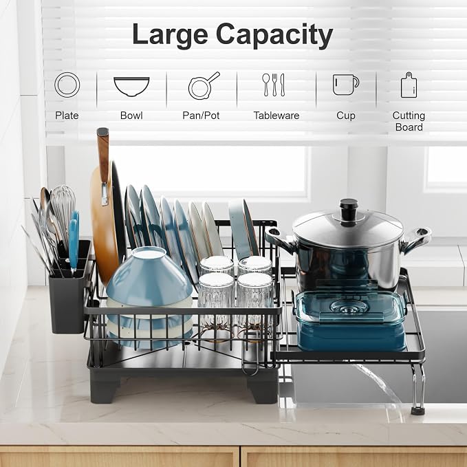 GSlife 2 in Set Dish Extendable Drying Rack and Sink Caddy - Expandable 2-in-1 Dish Drying Rack with Drain Spout and Large Sponge Holder for Kitchen Sink, Bundle Sales