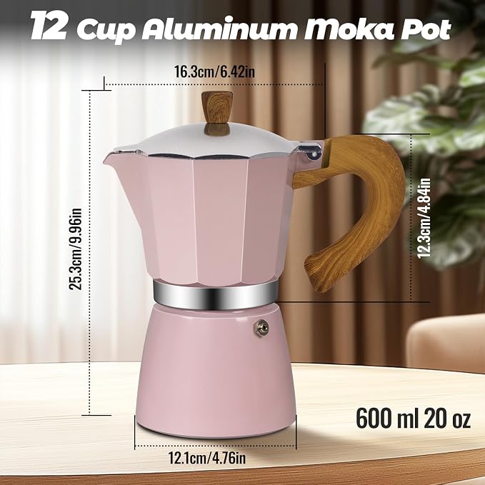12 Cup Aluminum Moka Pot Classic Stovetop Espresso Coffee Maker 600ml 20oz Coffeemaker Percolator Mocha Pot Greca Coffee Maker Cafe Makers for Italian and Cuban Café Brewing Pink