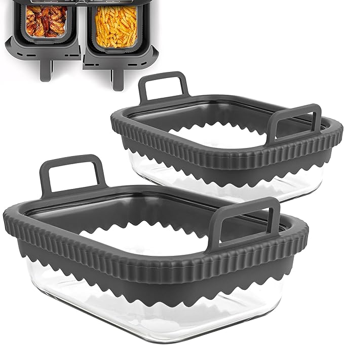 Air Fryer Glass Liner Reusable, Air Fryer Liners Silicone with Removable Silicone Ring for Ninja Dual Basket, Cosori, Philips, BPA-Free, Heat Resistant, Dishwasher Safe
