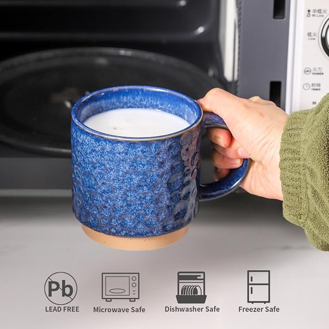 Nihow 16 OZ Ceramic Coffee Mug with Stackable Stand,Set of 4,Blue | Stainless Stand Included, Cappuccino & Tea, Hot/Cold Drinks, Dishwasher & Microwave Safe