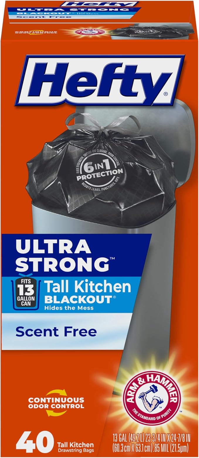 Hefty Ultra Strong 13 Gallon Trash Bags, Black Tall Kitchen Trash Bags 13 Gallon Size, Break Resistant Drawstring Enclosure, Continuous Odor Control, Blackout, Unscented, 40 Bags