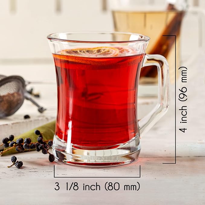 Volarium Glass Coffee Mugs with Handle, 7.5 oz Clear Glass Tea Cups for Hot or Cold Drinks, Set of 6