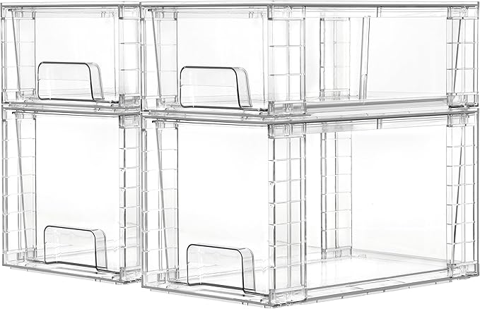 Vtopmart 4 Pack Clear Stackable Storage Drawers,Under Sink and Kitchen Organizers Storage,Easy to Assemble Plastic Drawers for Baby Bottle,Medicine, Bathroom,Cabinet and Pantry Organization