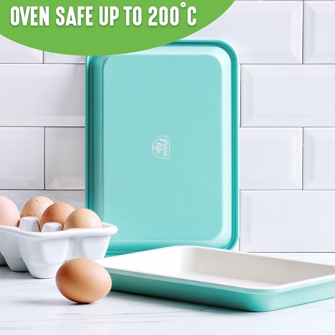 GreenLife 13" x 9" Quarter Sheet Baking Pans, 2 Piece Bakeware Set, PFAS-Free Ceramic Nonstick Rectangular Cookie Trays, Oven Safe to 450°F, Even Heating, Easy Clean Ovenware, Turquoise (Pack of 6)