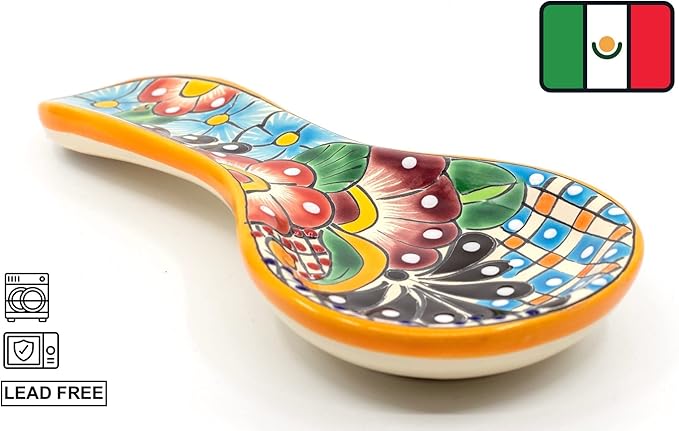 Talavera Spoon Rest – Hand-Painted Ceramic Utensil Rest Handmade in Mexico, 10" Large for Stove Top and Counter, Dishwasher Safe Lead Free, Gift Ready Cuchara Multicolor