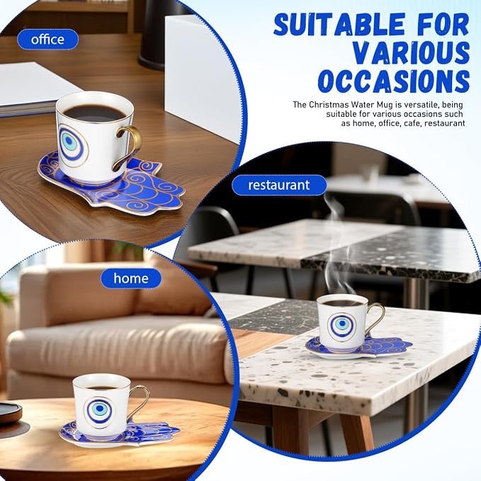 Zerodeko 2-Pack Evil Eye Porcelain Tea Mug Set with Saucer Microwave & Dishwasher Safe Ceramic Cups for Home Office Anti-Scald Handle 4.13X5.90X2.95In Decorative Coffee Cups for Relaxing Tea Time