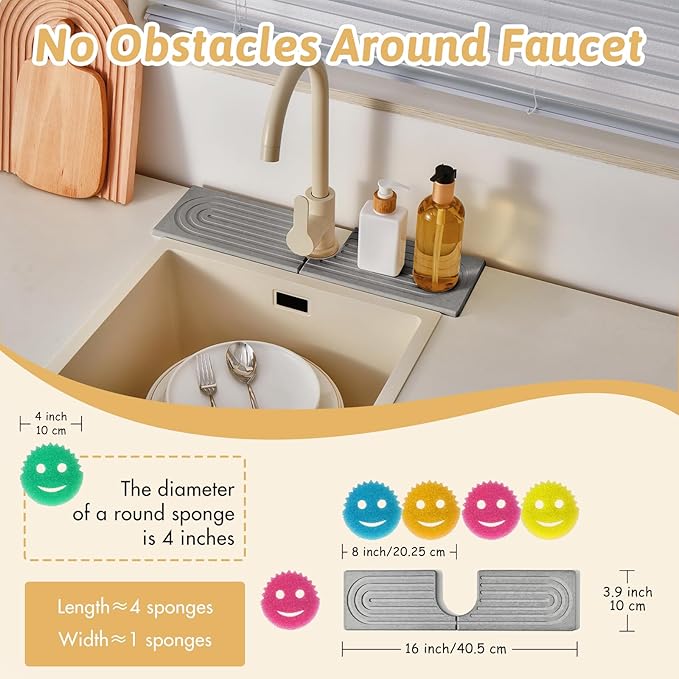 Diatomite Sink Faucet Splash Guard U Shape, 16" Large Stone Sink Tray, Mordern Faucet Handle Drip Catcher Stone, Durable Faucet Draining Mat Protector for Kitchen Bathroom Island Counter, Light Grey