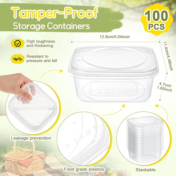 100 Pack 12 oz Deli Containers with Lids, Tamper Proof Leak Resistant Clear Plastic Food Storage Containers, Airtight Meal Prep Container for Soup Salad Tiramisu, Microwave & Dishwasher Safe