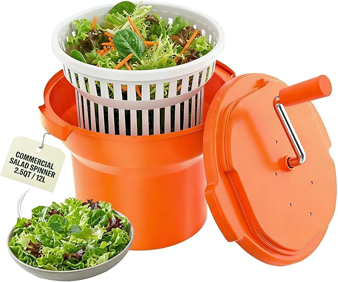 Commercial Salad Spinner - 2.5 Gallon Salad Dryer w/Aluminum Handle & Draining Hose, 10Qt Manual Salad Spinner for up to 3 Heads of Lettuce Spinner Large for Catering Kitchen Cafe