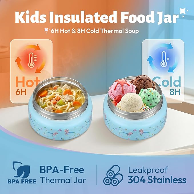 Itslife Bento Box for Kids Set, insulated food container,kids lunch box, 7 oz thermos for hot food, 12 oz thermos water bottle, Reusable Insulated Ice Bag & Fork Spoon Utensils Camping Travel Purple