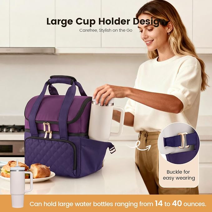 LOVEVOOK Insulated Lunch Bag for Women,Large Double Deck Adult Lunch Box,Teacher Lunch Tote Bag with Cup Holder,Leakproof Cooler Bag with Adjustable Shoulder Strap for Work Picnic Beach,Larger 15L