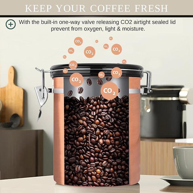 Mixpresso Bronze Stainless Steel Airtight Coffee Container with Date Tracker For Coffee & Tea, Vacuum Sealed Airtight Container, Coffee Jar 16 Ounces, Bundle With6 Cup Greca Stovetop Espresso Maker 30