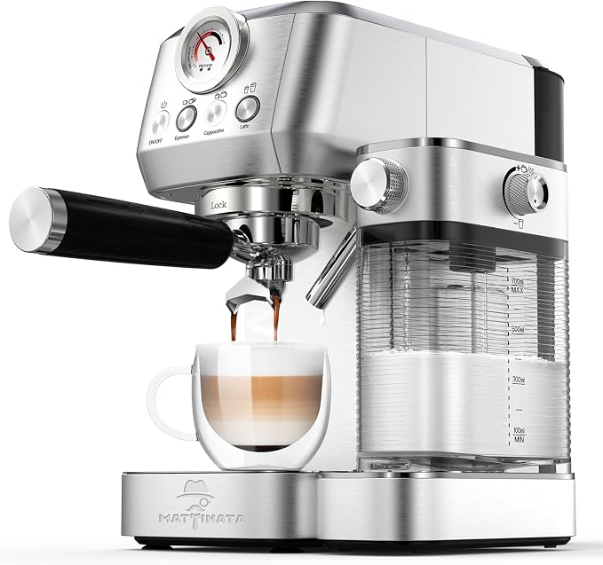 MAttinata Cappuccino Machine, Espresso Machine with Automatic Milk Frother | Compact Coffee Maker, 20 Bar Italian Pump, Pressure Gauge, Adjust Hot Milk Foam, Latte Art, Small for Home, Stainless Steel