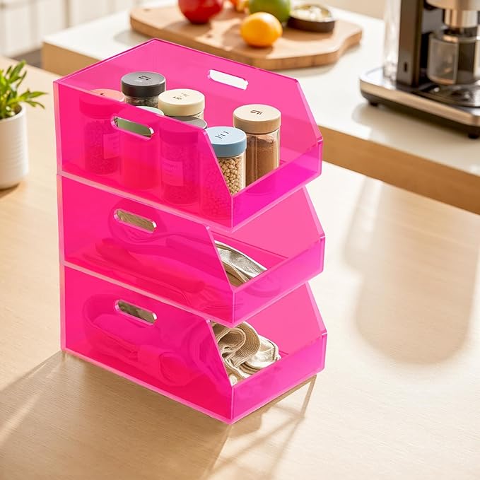 Gelite Stackable Storage Bins Open Front Organizer Bins with Handles Acrylic Storage Container for Pantry Kitchen Cabinet Bathroom Closet Office Organization, 15.4x11.4x6.7'', Neon Pink