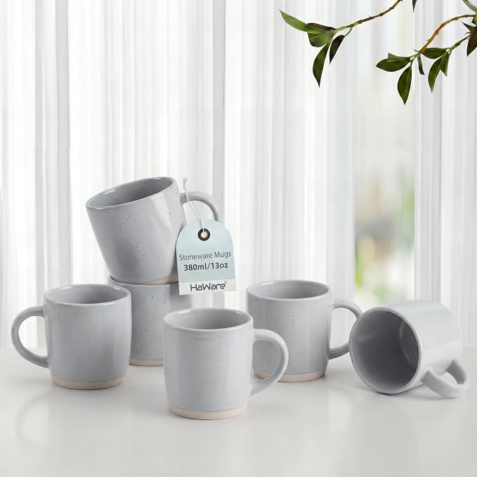 HaWare 13OZ Coffee Mugs Set of 6, Stoneware Coffee Cups, Ceramic Latte Mug for Man, Woman, Dad, Mom, Modern Tea Mugs for Latte/Cappuccino/Cocoa/Milk, Dishwasher& Microwave Safe, Speckled Misty Grey