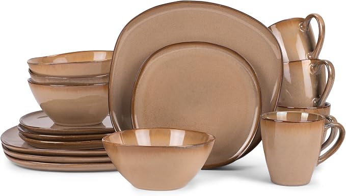 Elanze Designs 16-Piece Modern Luxury Chic Smooth Vintage Handmade Shape High Gloss Ceramic Stoneware Square Plate Mug & Bowl Kitchen Dinnerware 16 Piece Set - Service for 4, Brown