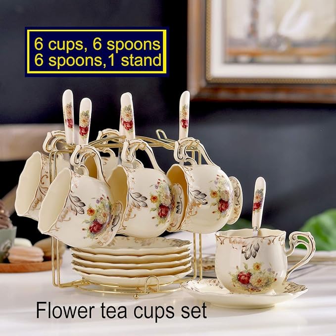 YOLIFE 8 OZ Flowering Shrubs Tea Cups and Saucers Set of 6, Ivory Ceramic Floral Teacups Set, Coffee Cups with Golden Rack