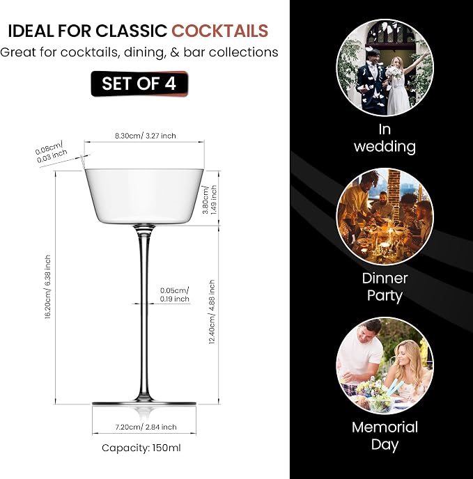 Figueroa Narrow Coupe Glasses, 5.2 oz Stemmed Coupe Cocktail Glasses, Vintage Champagne Coupe Glass Cups for Martini Daiquiri Sparkling Wine French 75, Elegant Bar Drinkware for Home Bar - Set of 4
