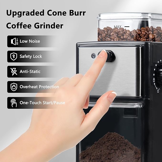 Electric Burr Coffee Grinder for Home Use, 12 Grind Settings Coffee Bean Grinder for Espresso, Drip & French Press, 200W Electric Coffee Grinder with 120g Ground Container