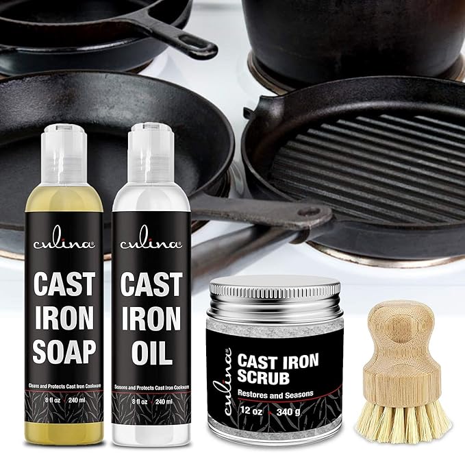 Culina Cast Iron Soap & Conditioning Oil & scrubbing salt & brush | All Natural Ingredients | Best for Cleaning, Non-stick Cooking & Restoring | for Cast Iron Cookware, Skillets