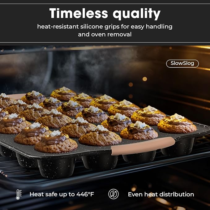 11-Piece Baking Pans Set, Nonstick Bakeware Sets, Oven Pans for Baking with Silicone Handles, Includes Cookie Sheet, Cake Pans, Loaf Pan, Pizza Pan, Muffin Pan, Khaki&Black