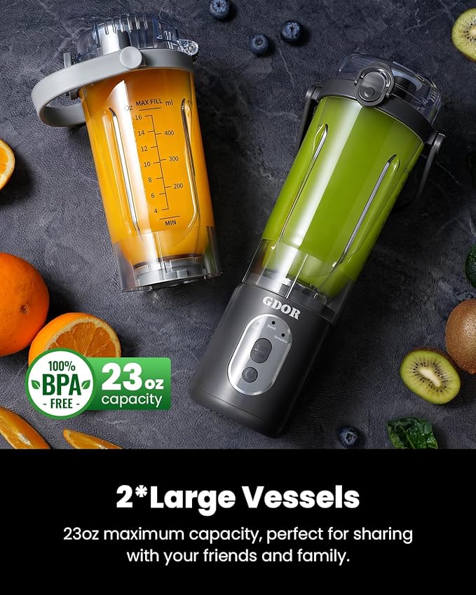 GDOR Portable Blender Cordless, Personal Mini Blender for Shakes and Smoothies, USB-C Rechargeable, with 3 Programs, Ice Crush, Blend and Smoothie, 2x23oz Removable Cups, BPA-Free