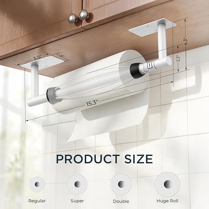FORIOUS Paper Towel Holder Under Cabinet, Single Hand Operable with Adjustable Damping for Easy Tear, Adhesive or Drill Wall Mount, 304 Commercial Paper Towel Holder for Kitchen Bathroom, White