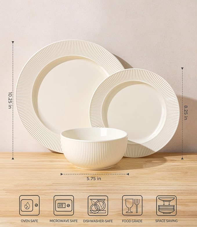 TheTerra Stoneware Dinnerware Sets for 6, 18 Pieces Ceramic Plates and Bowls Sets, Scratch Resistant Embossed Dish Set, Oven, Microwave & Dishwasher Safe, Ivory