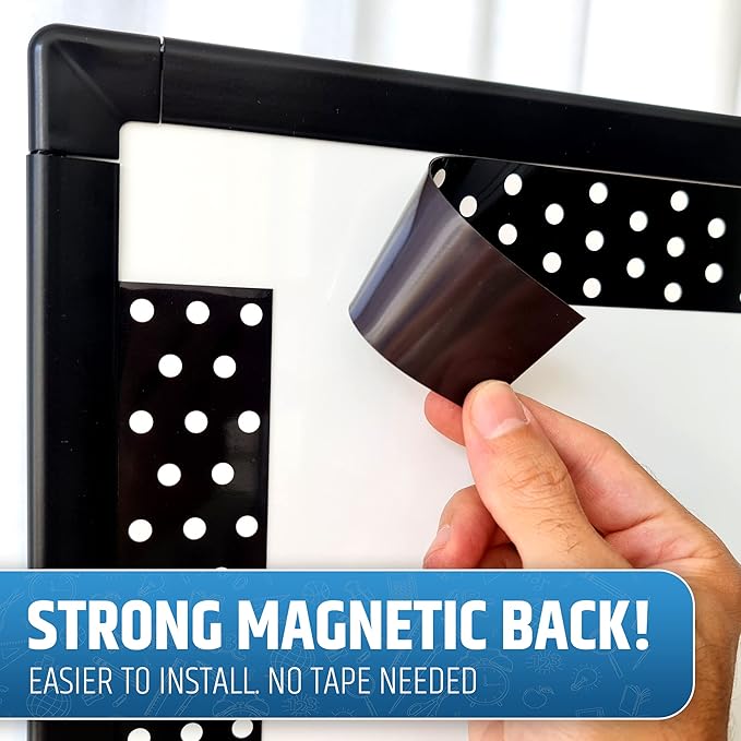 Strong & Wide Magnetic Borders for Classroom Whiteboard - Visible Magnetic Strips for Teachers (4 Designs Available) | Straight Polka Dot - Black | 12 Strips of 24X1.5 Inch - 24 Feet Total
