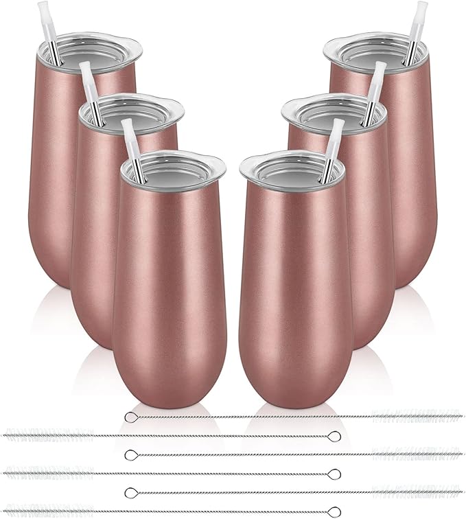Lifecapido 6 Pack Stemless Champagne Tumblers, 12oz Insulated Champagne Flutes, Stainless Steel Stemless Champagne Glass, Champagne Flute Tumbler for Birthday Party Wedding Christmas (Rose Gold)