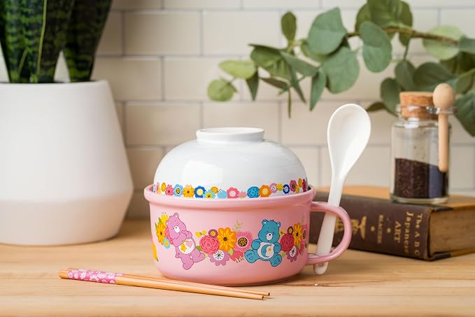 Silver Buffalo Care Bears Soup Mug and Bowl Lid with Spoon and Chopsticks Featuring Bedtime Bear, Best Friend Bear, Wish Bear, and Cheer Bear, 13 Ounce Bowl Lid and 22 Ounce Mug