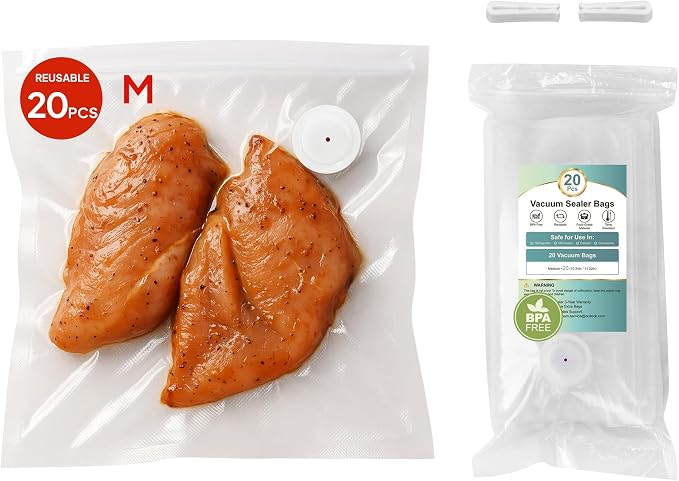 Reusable Vacuum Sealer Bags 20-Pack (Medium 10x11 in) - BPA-Free Double-Seal Leakproof | Compatible with TUITUITA & Major Sealers | Freezer/Microwave/Dishwasher Safe