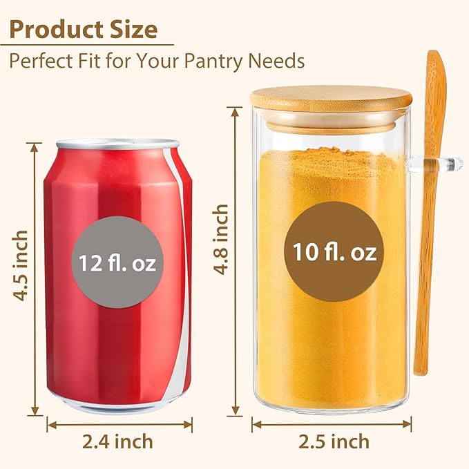 TBWIND 12 Pack 10 oz Round Glass Spice Jars with Lids and Spoons – Airtight Small Spice Containers Set with Labels, Clear Glass Storage Jars for Seasoning, Spices, Kitchen Pantry Organization